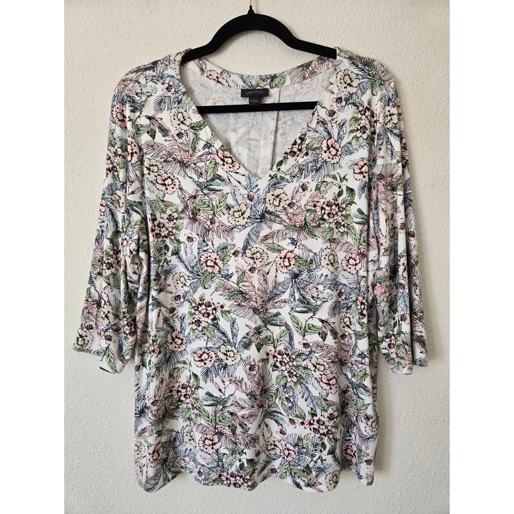 J. Jill Womens Large Top White Floral Hummingbird 3/4 Sleeve V-Neck Wearever